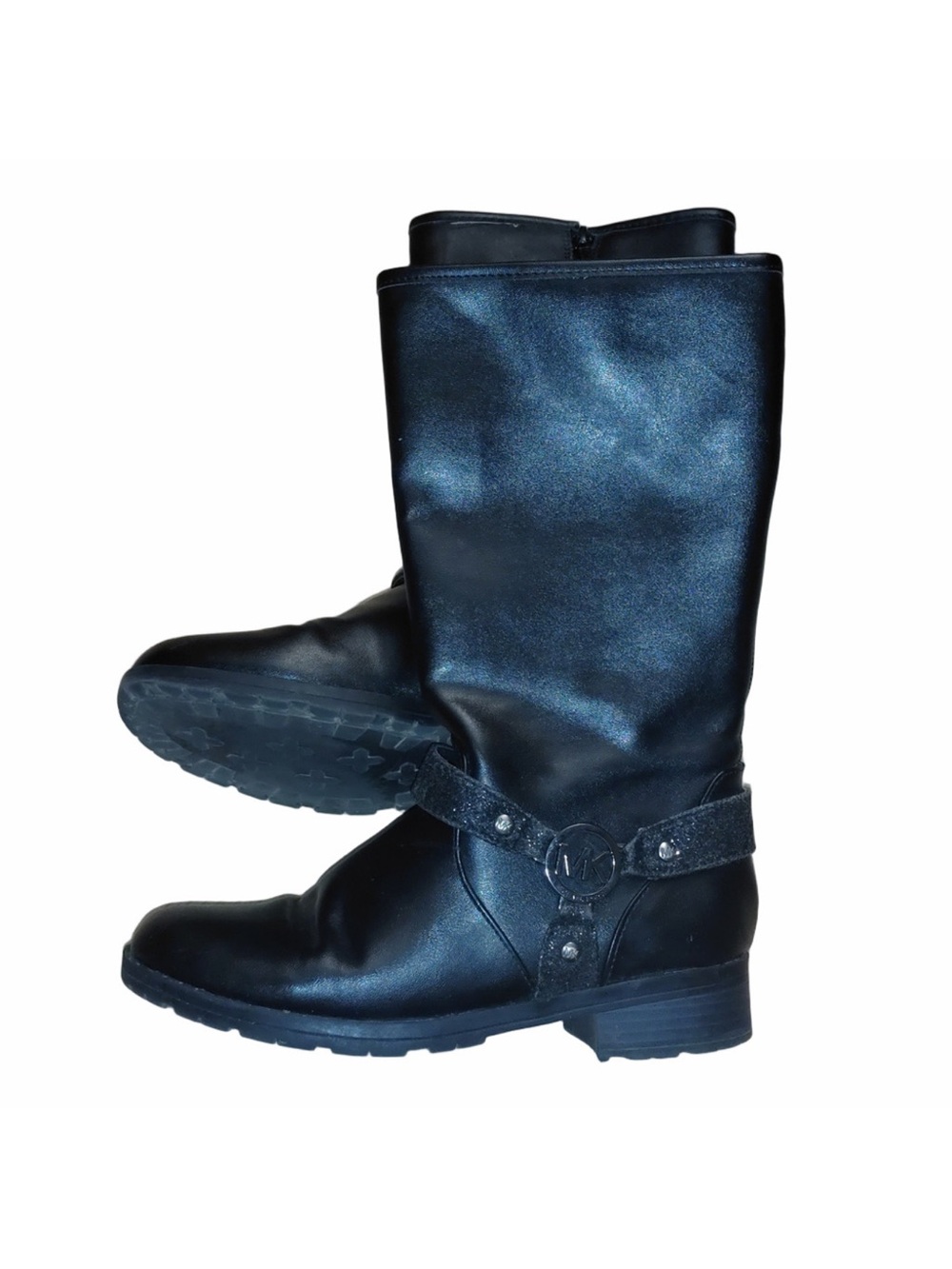 Michael Kors Custard Girls Size 4 Black Leather Riding Boots Zip Side Buckle
